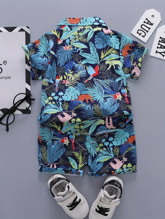 Green Leaf Print Shirt & Shorts Set For Kids