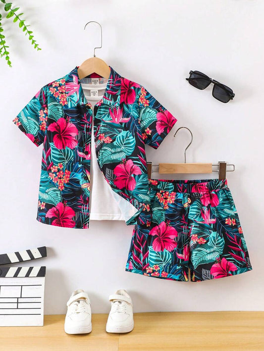 Multicolor Tropical Hibiscus Print Shirt & Shorts Set For Kids