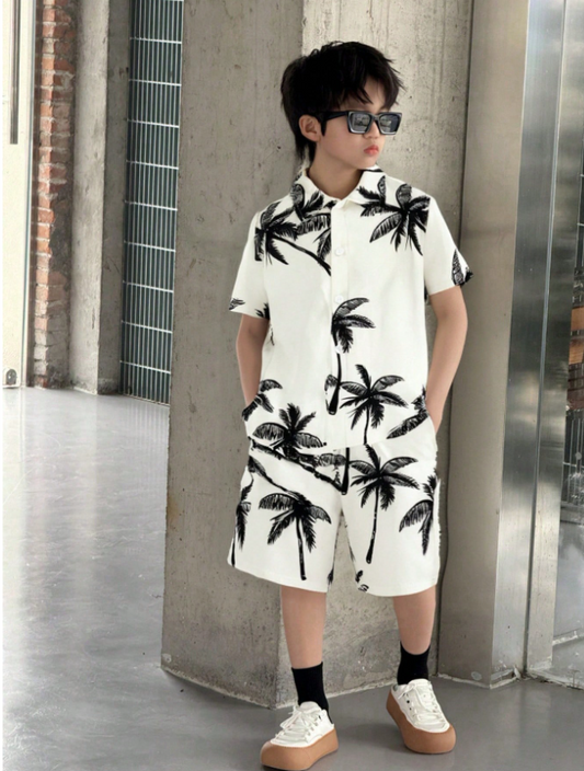 Sketch-Style Palm Shirt & Shorts Set