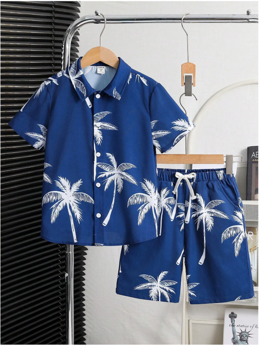 Sketch-Style Palm Shirt & Shorts Set