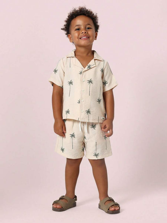 Beige Short-Sleeve Button-Up Shirt And Shorts