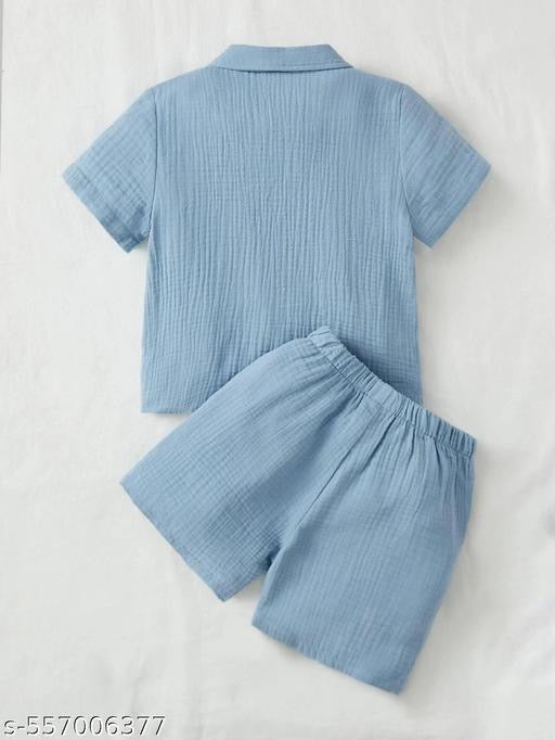 Beige Leaf Print Shirt & Shorts Set For Kids