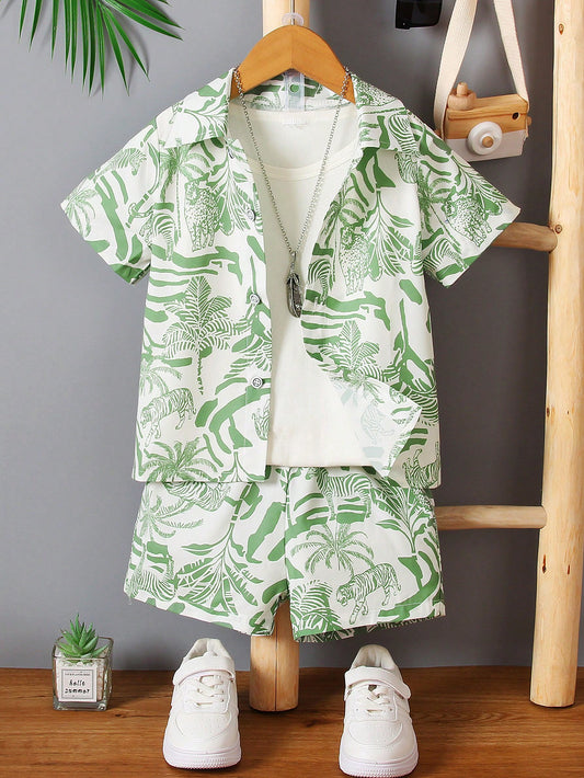 Green Tropical Print Shirt & Shorts Set For Boys