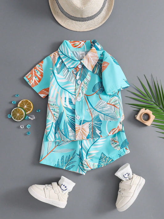 Light Blue Cable Knit Short-Sleeve Top & Shorts Set For Boys