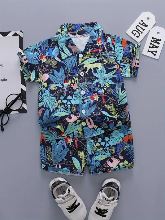 Green Leaf Print Shirt & Shorts Set For Kids