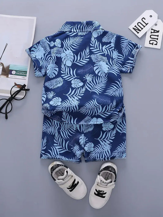 Multicolor Toddler Palm Tree Print Button-Up Shirt & Shorts Set For Boys & Girls
