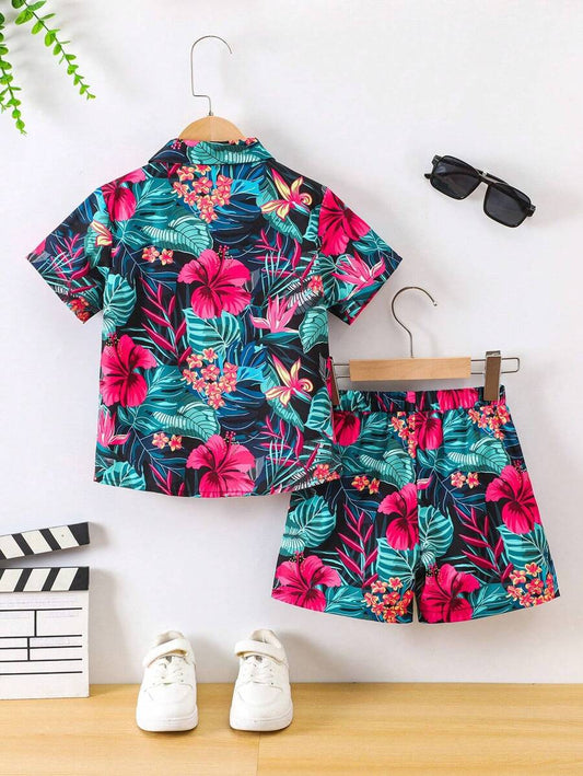 Multicolor Tropical Hibiscus Print Shirt & Shorts Set For Kids