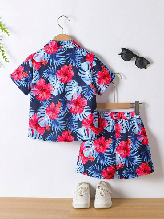 Multicolor Toddler Hawaiian Floral Print Button-Up Shirt & Shorts Set For Boys