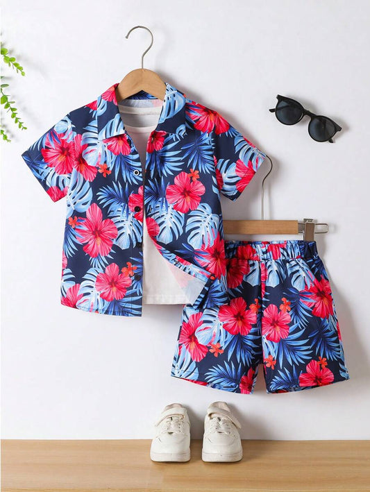 Multicolor Toddler Hawaiian Floral Print Button-Up Shirt & Shorts Set For Boys