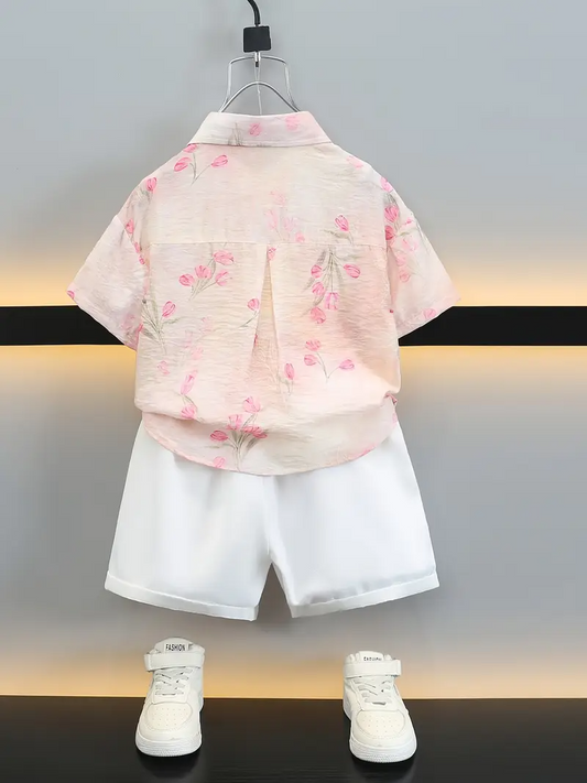 Multicolor Toddler Floral Button-Up Shirt & White Shorts Set With Plush Accessory