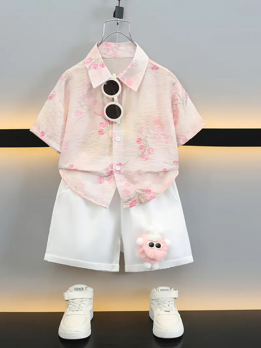 Multicolor Toddler Floral Button-Up Shirt & White Shorts Set With Plush Accessory