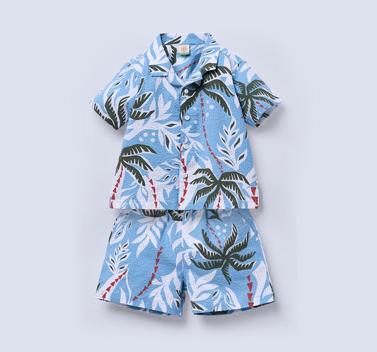 Azure Reef Seersucker Shirt & Shorts Set