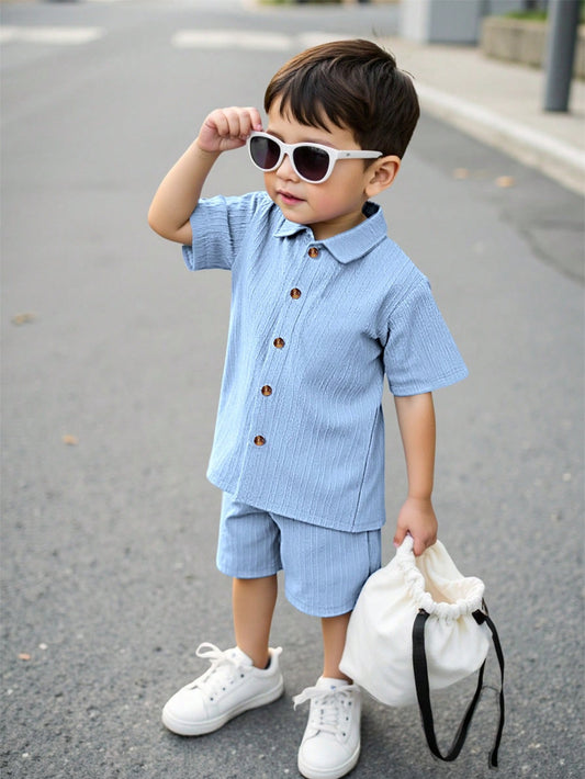 Light Blue Toddler Short-Sleeve Button Shirt & Shorts Set For Kids