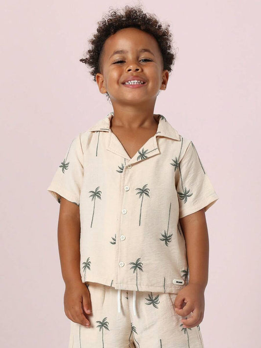 Beige Short-Sleeve Button-Up Shirt And Shorts