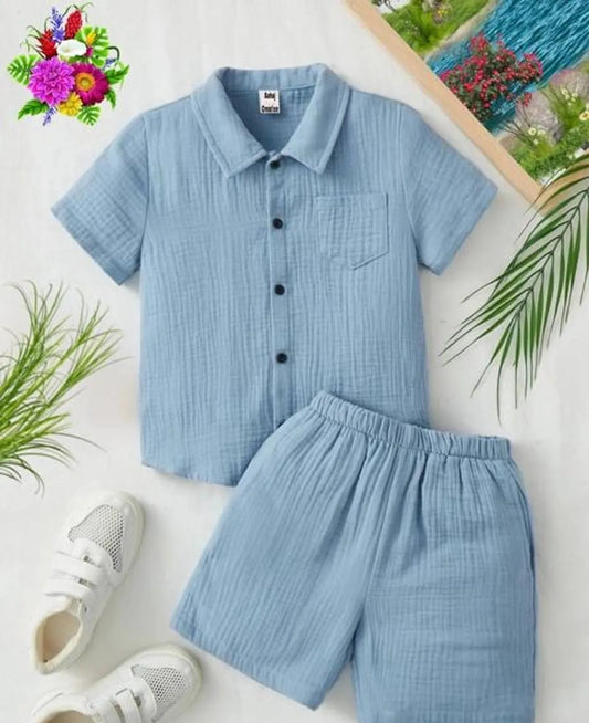 Beige Leaf Print Shirt & Shorts Set For Kids