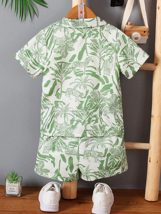 Green Tropical Print Shirt & Shorts Set For Boys